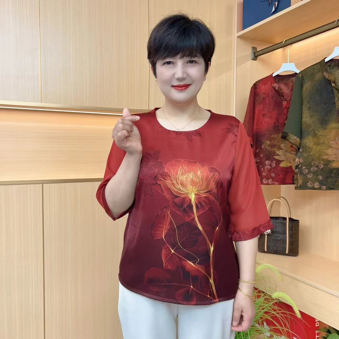 圆领中老年女装妈妈装百搭休闲女装t恤常规时尚夏季宽松型薄