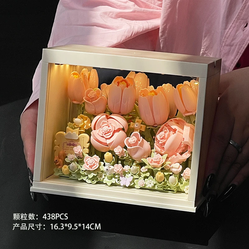 镜面积木拼装相框郁金香康乃馨立体永生花手工生日礼物送女生小众