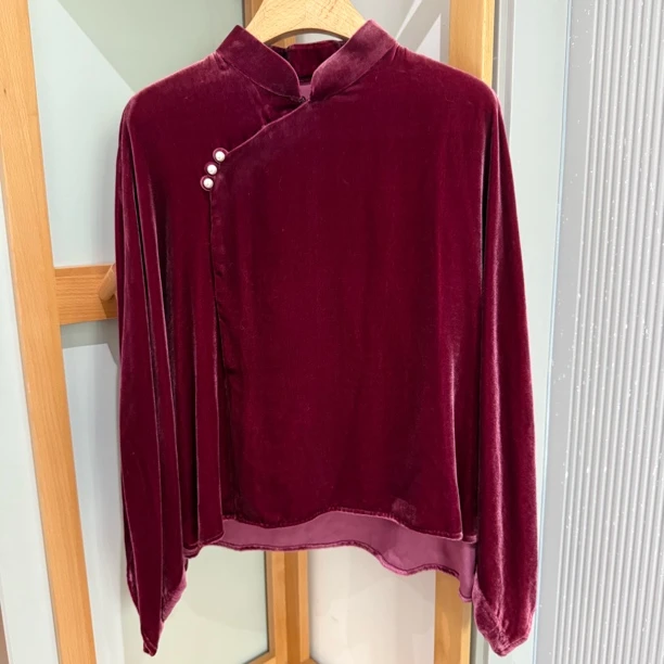 新中式酒红色丝绒斗篷国风上衣气质上衣外套