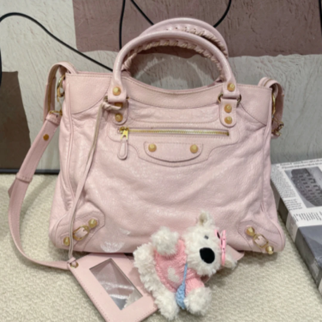 95新 Balenciaga/巴黎世家 樱花粉色油蜡中号竖版机车包34/30/15