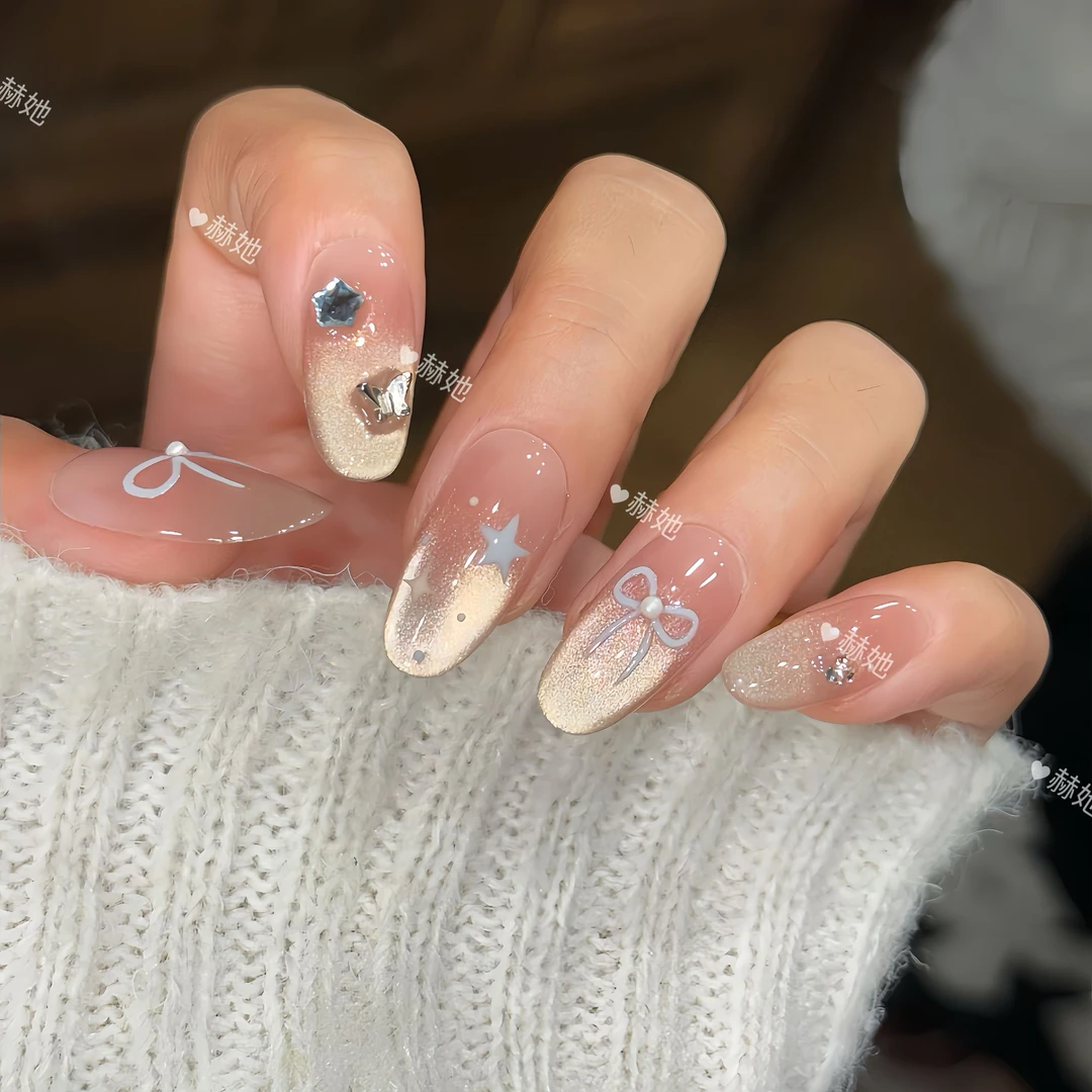 【玉香柚凝】夏日冰透猫眼渐变手绘蝴蝶结五星高级风 纯手工穿戴甲