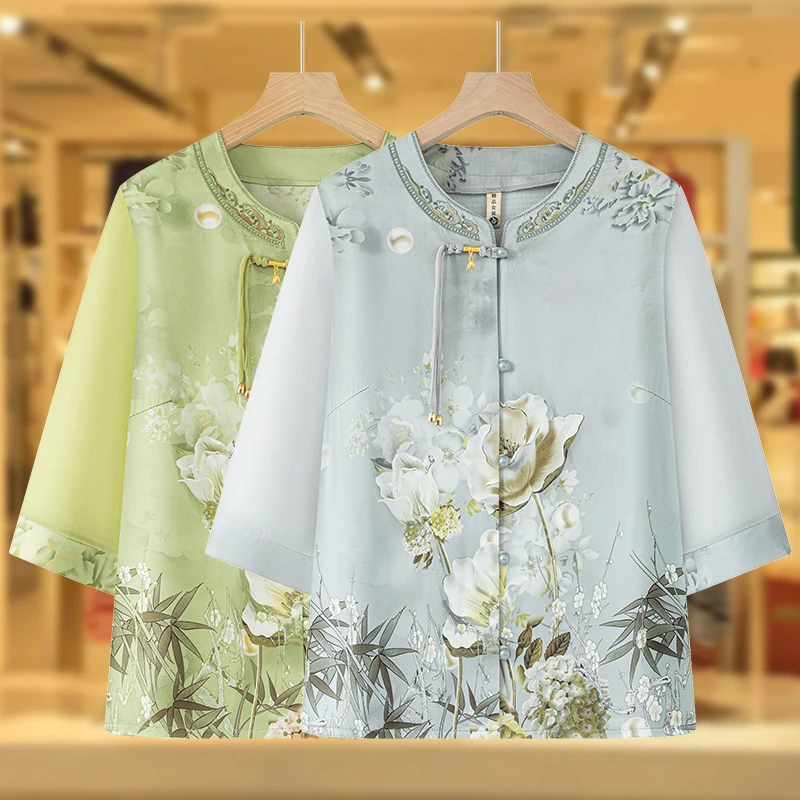 中老年人夏装衬衫女奶奶春装中袖圆领妈妈开衫薄老人太太大码衣服