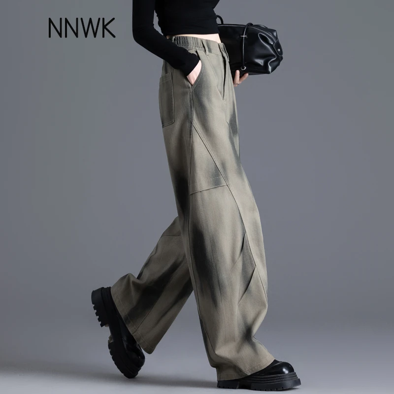 卡其绿色扎染牛仔裤女2025新款春秋季宽松阔腿裤香蕉裤工装弯刀裤