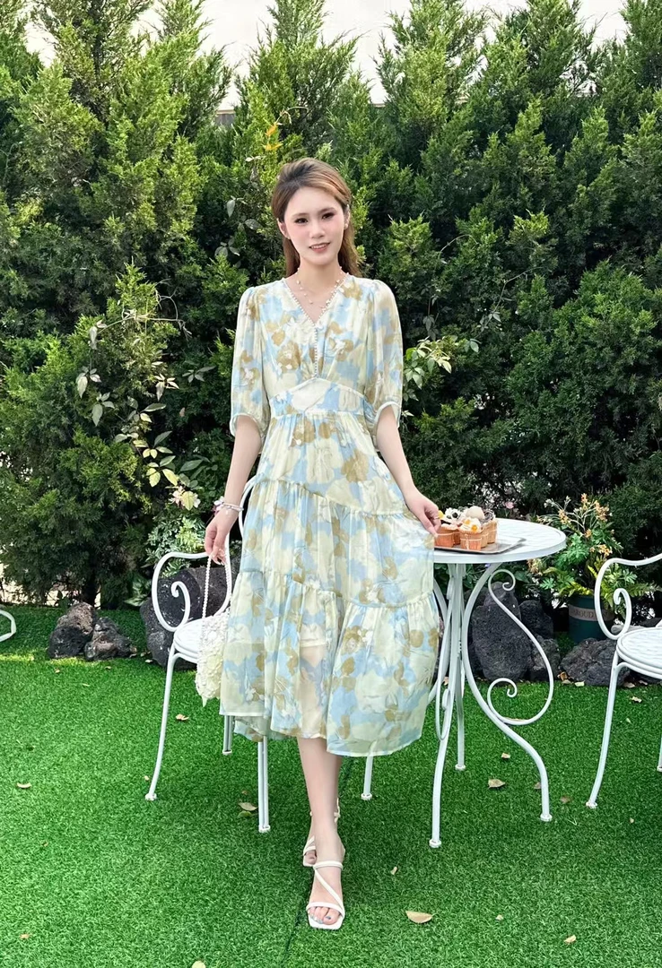 复古港风夏季连衣裙收腰凉爽初恋甜美印花高腰小众