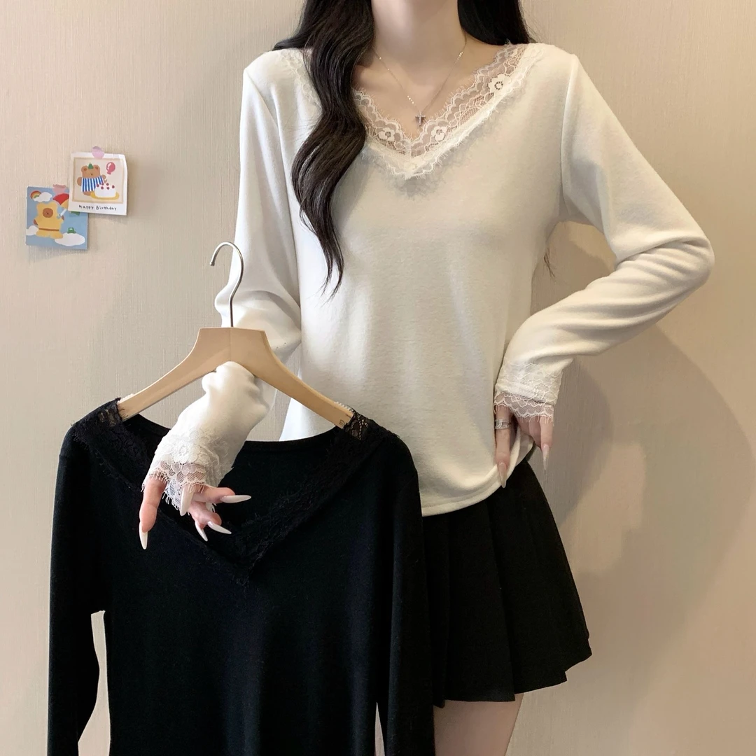 纯欲风蕾丝拼接长袖加厚磨毛T恤上衣时尚2025大码女装冬季新款潮