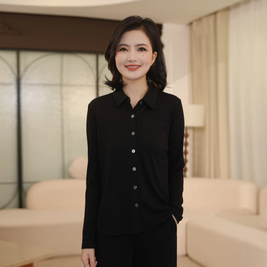 枫竺阿楠anan气质通勤显瘦长袖全羊毛纯色衬衫女秋冬打底衬衣