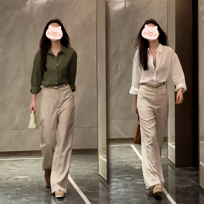 2025新款今年流行的巨好看的时尚百搭纯色薄款衬衫休闲裤两件套装