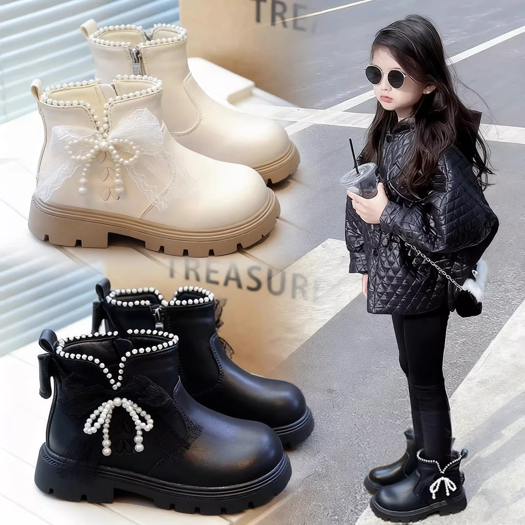 ABC女童靴子加绒棉靴2025冬季新款儿童中大童公主短靴黑色马丁靴