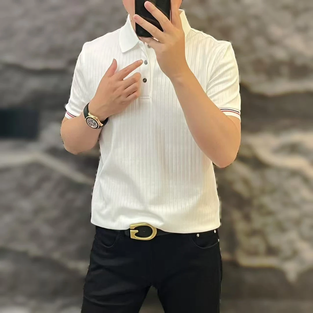 新款高端男士潮流百搭个性纯色竖条纹短袖休闲POLO衫