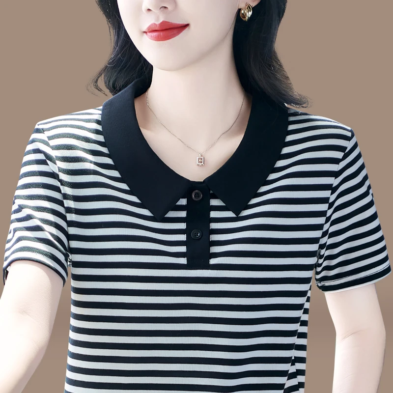 哥弟阿玛施正条纹短袖女夏装妈妈t恤宽松时尚休闲娃娃领减龄上衣