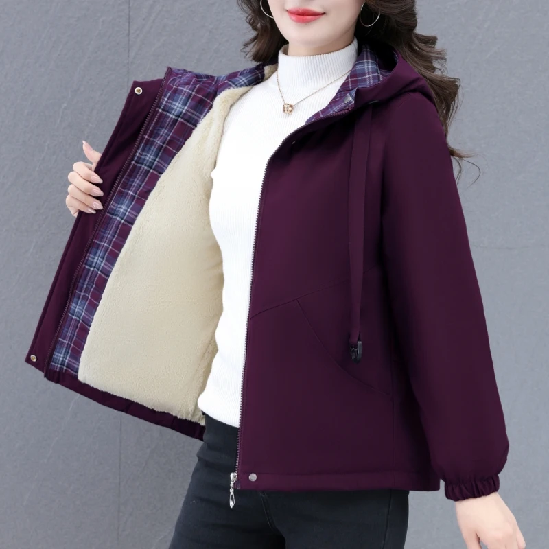 2025年新款秋冬装加绒保暖外套女中年妈妈装时尚休闲百搭连帽上衣