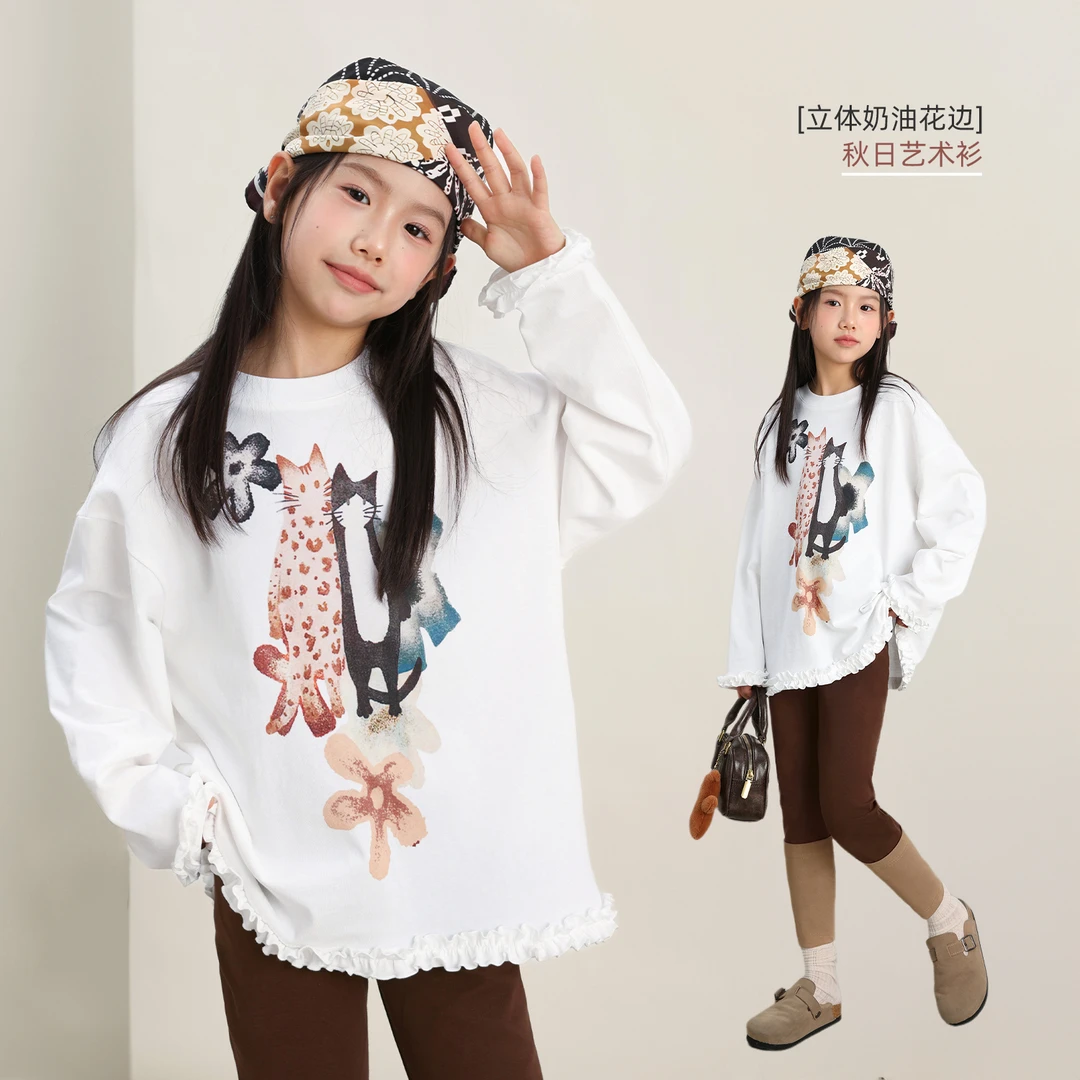 NORNOR陈大猪童装女童花边长袖t恤秋季新款洋气儿童上衣NB570110