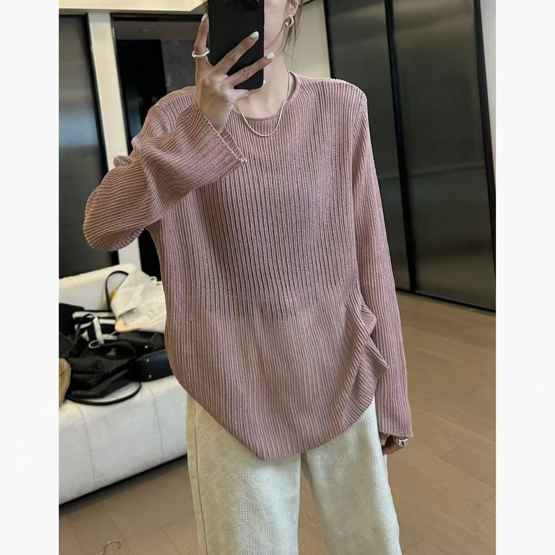 【坑条粉针织衫】2025春夏圆领冰感针织上衣 2503C1226