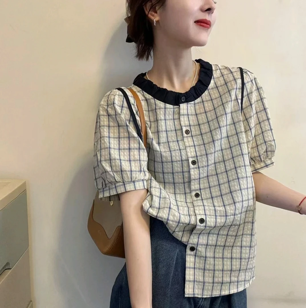 【全额运费补贴】2025年夏季新款格子撞色短袖衬衫女泡泡袖洋气上衣