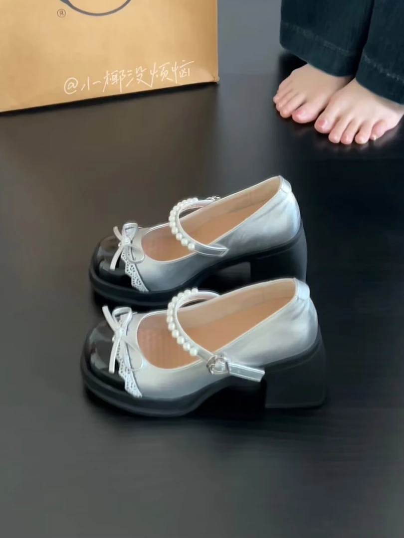 【小椰家】复古蝴蝶结玛丽珍鞋2025夏季新珍珠一字厚底单鞋MLZ539