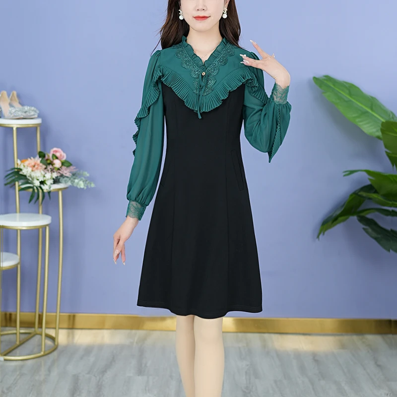 春季女装长袖连衣裙优雅时尚修身显瘦大码气质法式中长裙