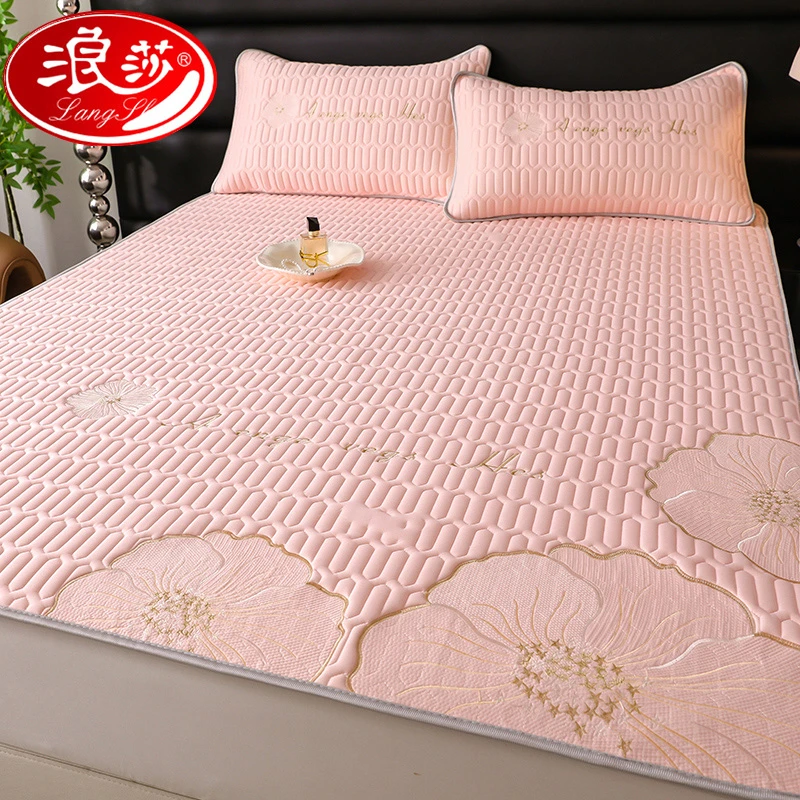 浪莎夏季凉感丝乳胶凉席三件套高级感冰丝绣花夏凉被四件套可机洗