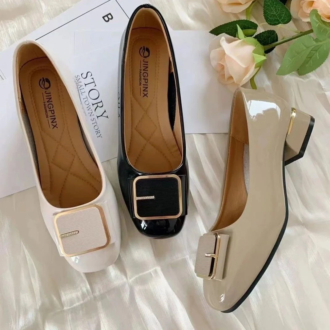 真皮头层牛皮浅口软底单鞋女中跟低跟一脚蹬工作鞋圆头女鞋妈妈鞋