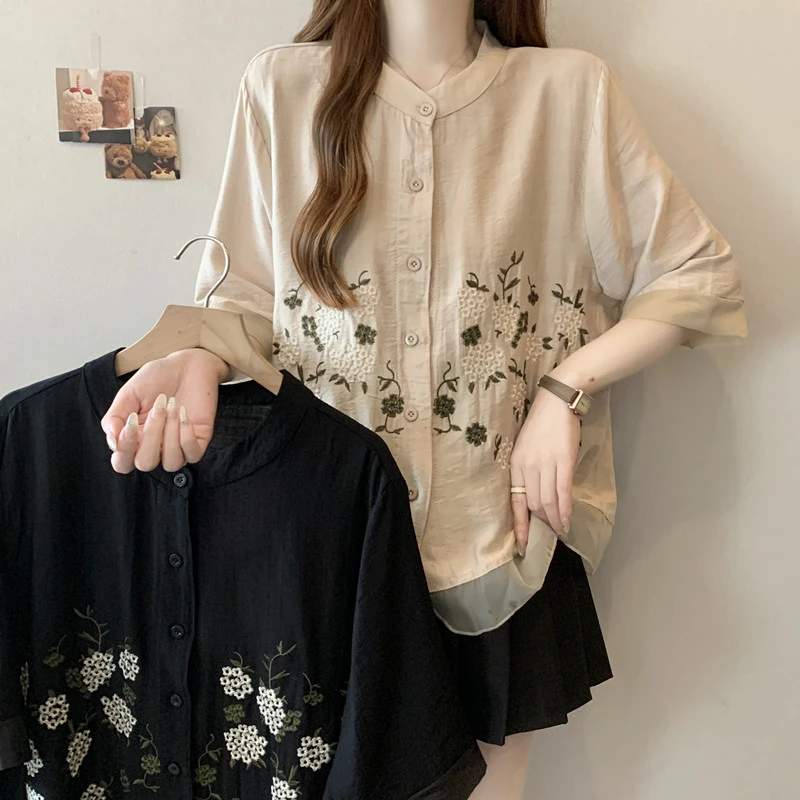 大码女装夏装新款刺绣宽松显瘦减龄遮肉时尚气质百搭短袖上衣