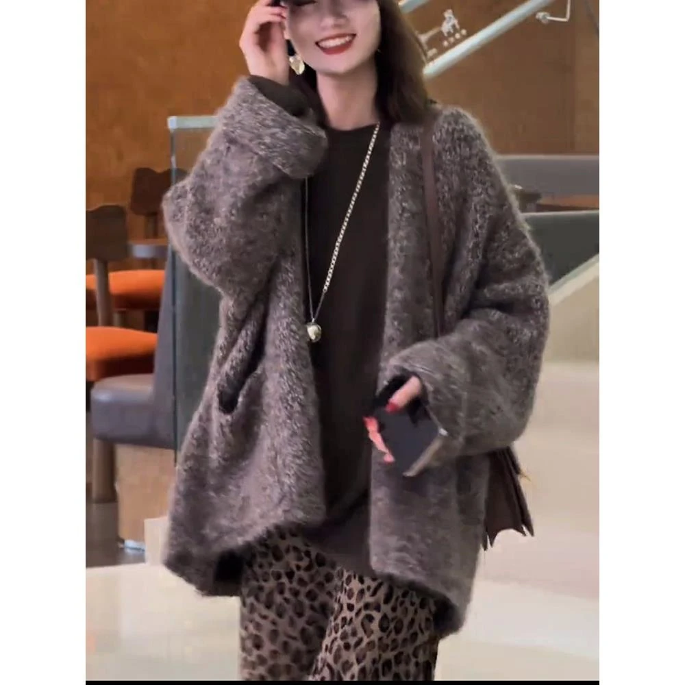 韩系秋冬气质高级感带口袋松弛慵懒风针织外套女毛衣开衫百搭显瘦