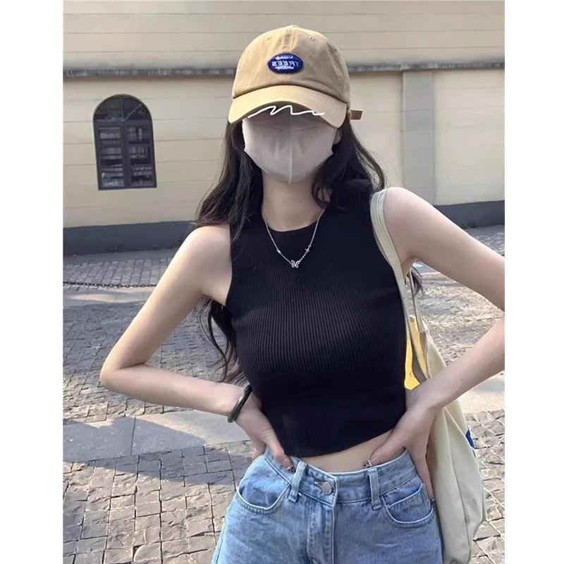 美式辣妹黑色冰丝针织吊带背心女夏季无袖短款运动美背遮副乳上衣