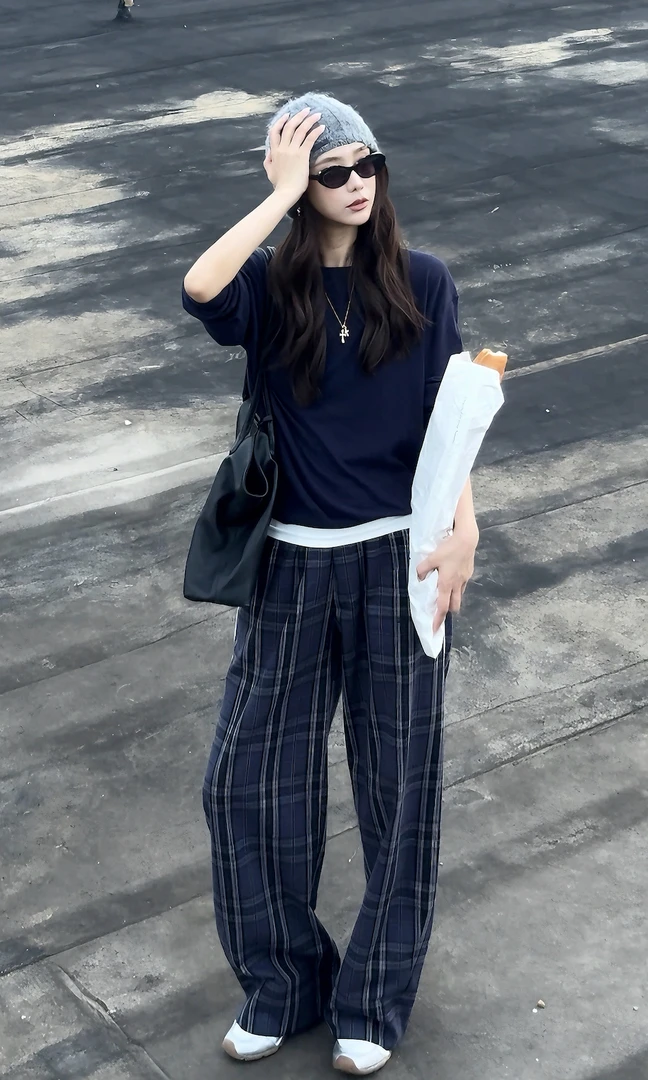 CHRISOUBYDAN欧阳丹定制款蕾丝装饰格纹长裤188019