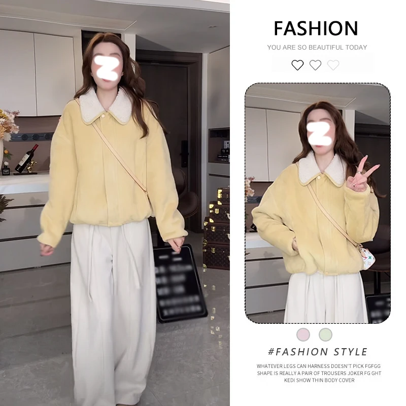 韩版翻领羊羔毛短外套女冬季小个子加厚保暖黄色奶fufu毛毛绒上衣