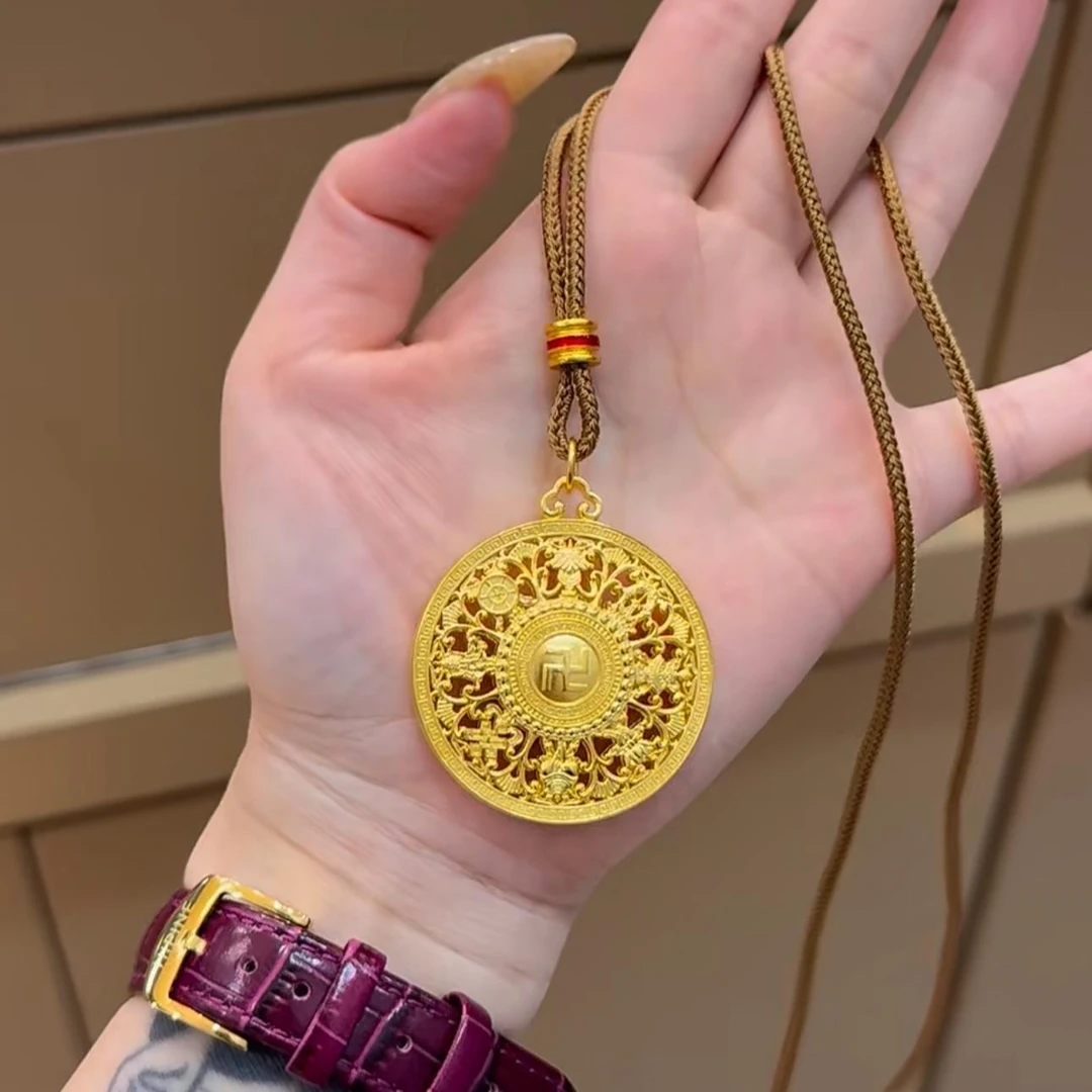 铜合金项链 国潮古法手工吉祥镂空八宝罗盘吊坠镂空福字圆牌项链