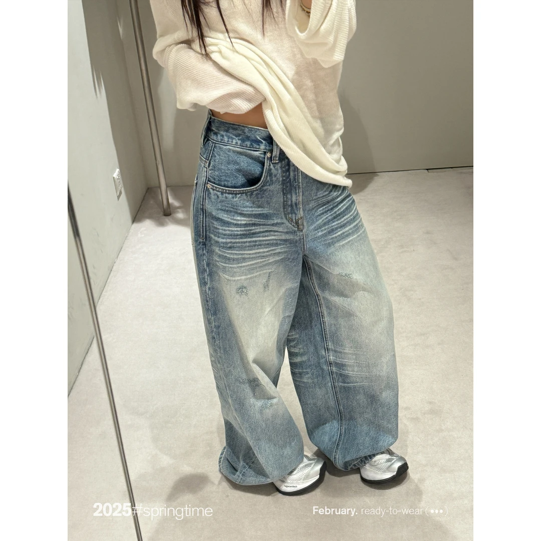 SUNONEONE 猫须压皱宽松牛仔裤女春美式宽松阔腿休闲裤子H0565K