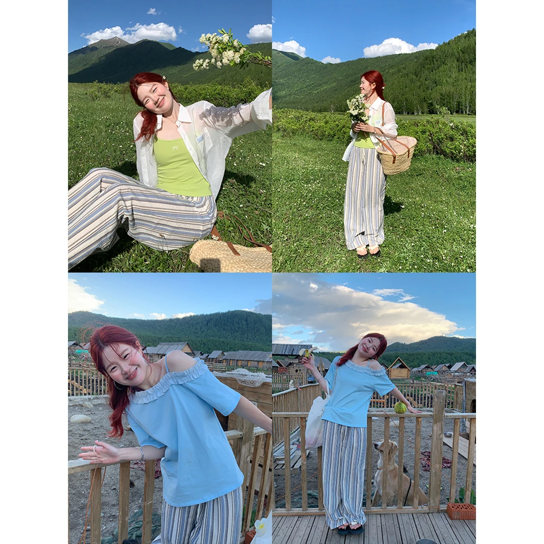 火火火【漫度周末】韩版宽松百搭条纹绑带阔腿裤K34641HH52