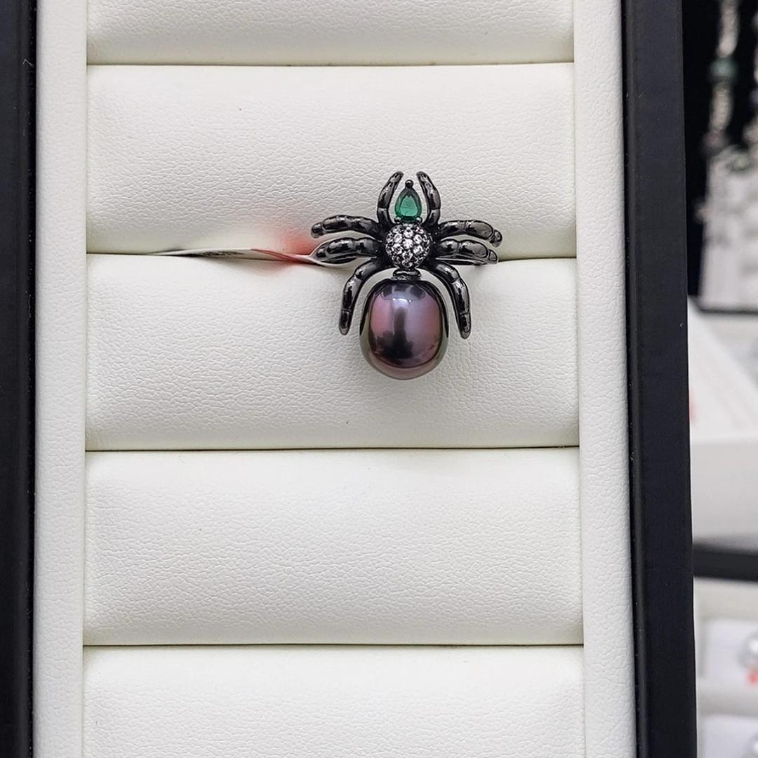 海水珍珠银S925镶嵌戒指大溪地紫黑蜘蛛戒指10mm