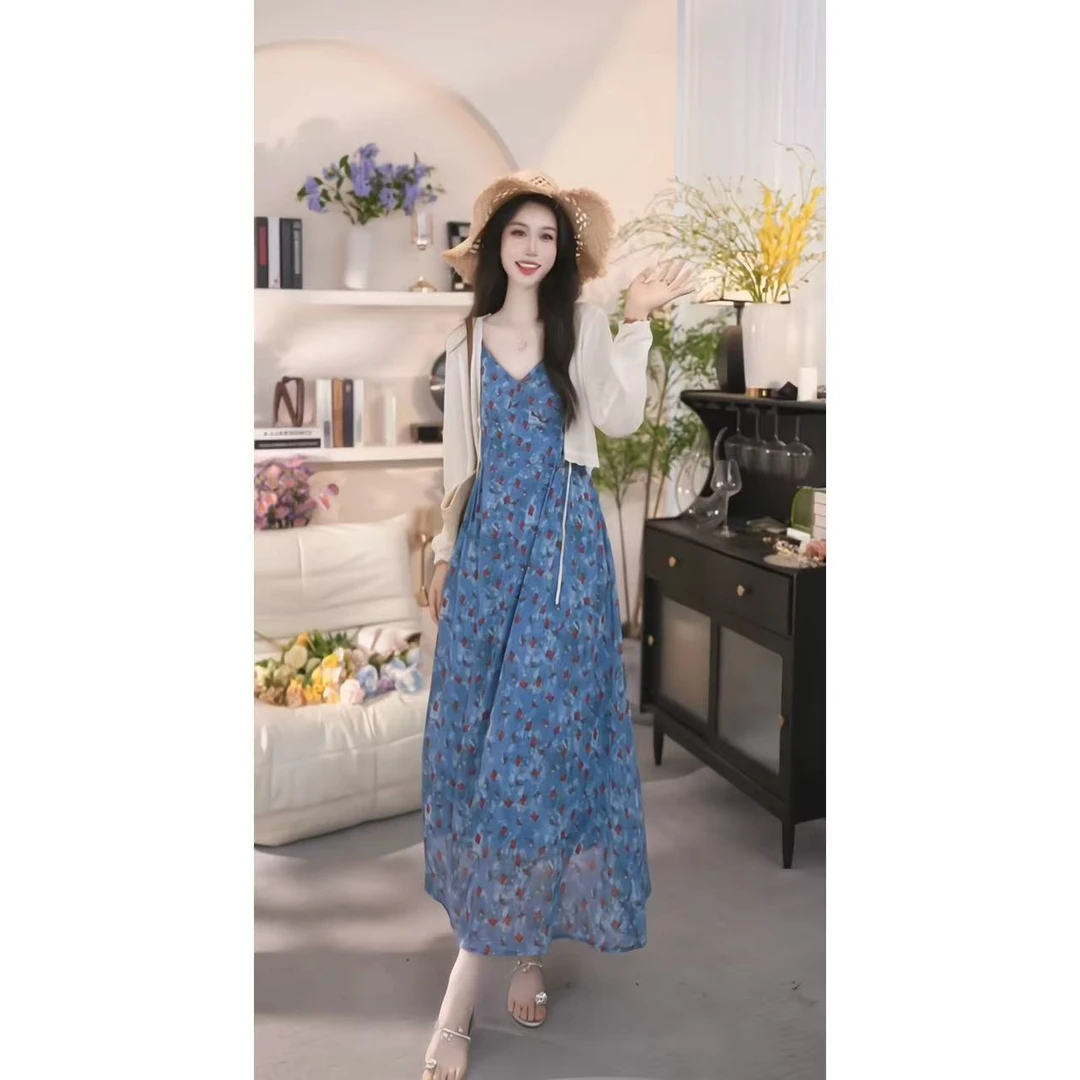 【有口袋】别致蓝色吊带连衣裙夏俏皮减龄时尚复古收腰夏季1399裙子