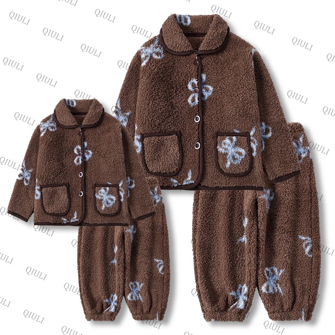 【QIULI】冬季暖绒“热可可”亲子款休闲卡通保暖家居服套装