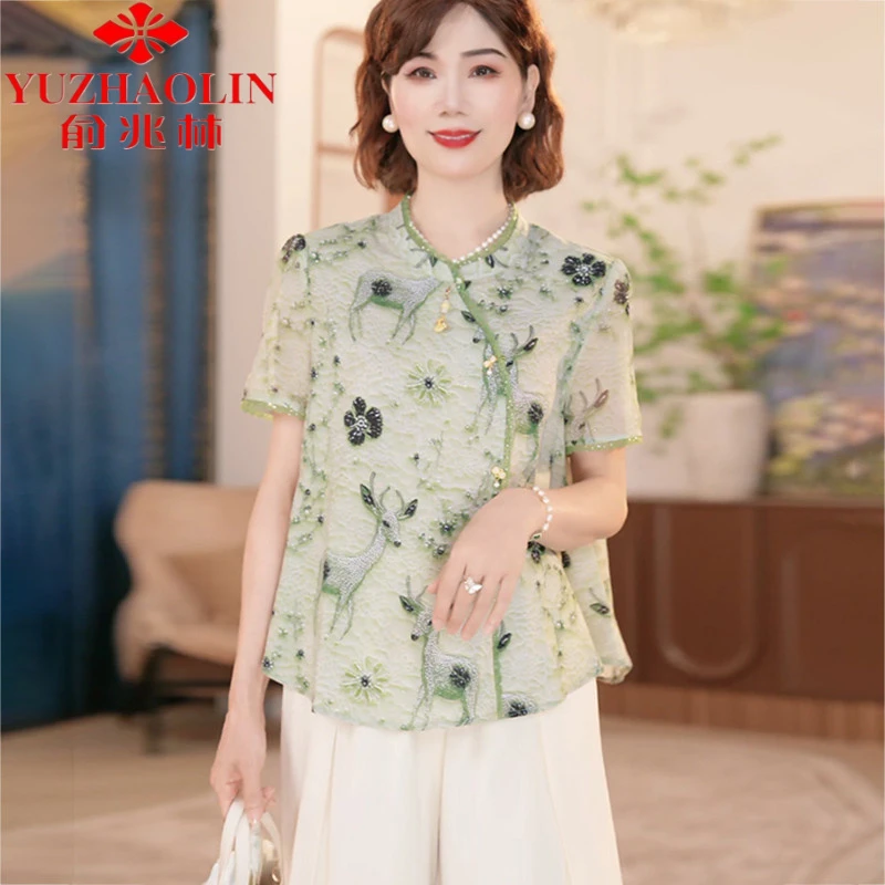 中年妈妈夏装新中式国风上衣两件套2025新款中老年女绣花短袖套装