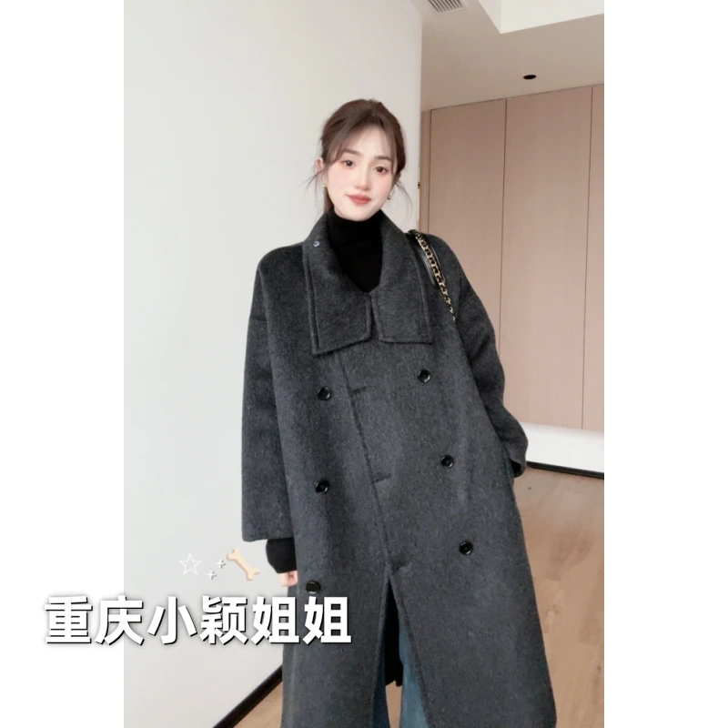 韩版东大门时尚百搭大立领宽松双面手缝大衣