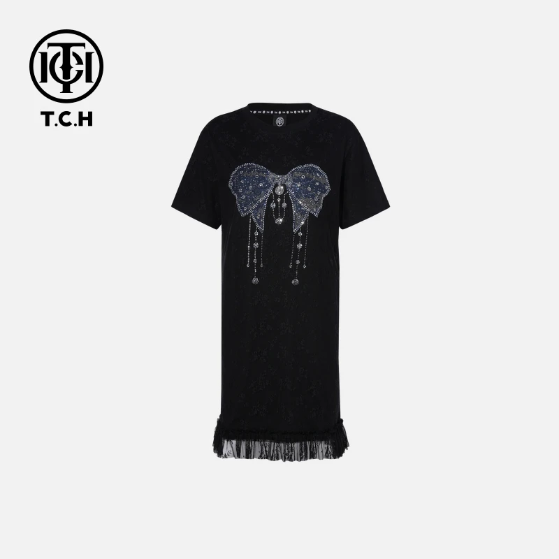 TCH轻奢烫钻工艺女春夏印花连衣裙时尚休闲透气舒适百搭夏季针织