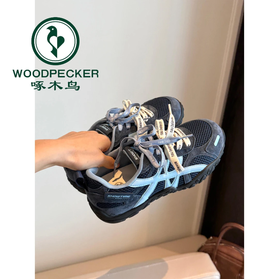 啄木鸟复古蓝色厚底德训鞋女2025新款透气休闲百搭防滑登山运动鞋