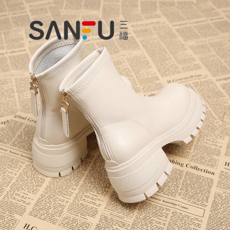 三福短靴女2025新款秋冬加绒高跟粗跟厚底瘦瘦时尚女鞋英伦马丁靴