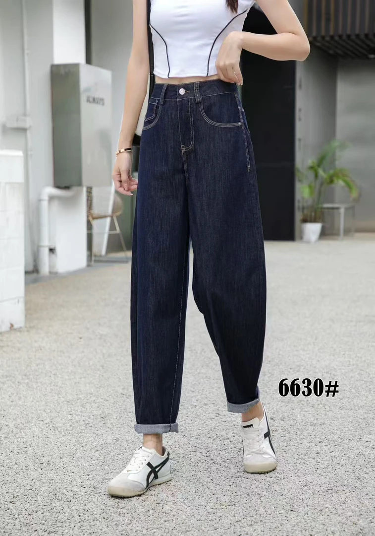 6630【裤长95】深蓝卷边牛仔裤女小脚老爹裤夏季高腰烟管哈伦裤