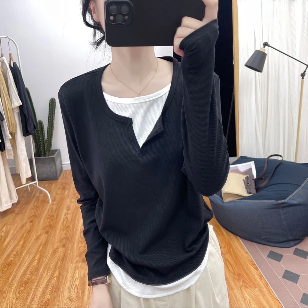 春秋新款螺纹棉小V领假两件长袖T恤女宽松简约打底衫休闲百搭上衣