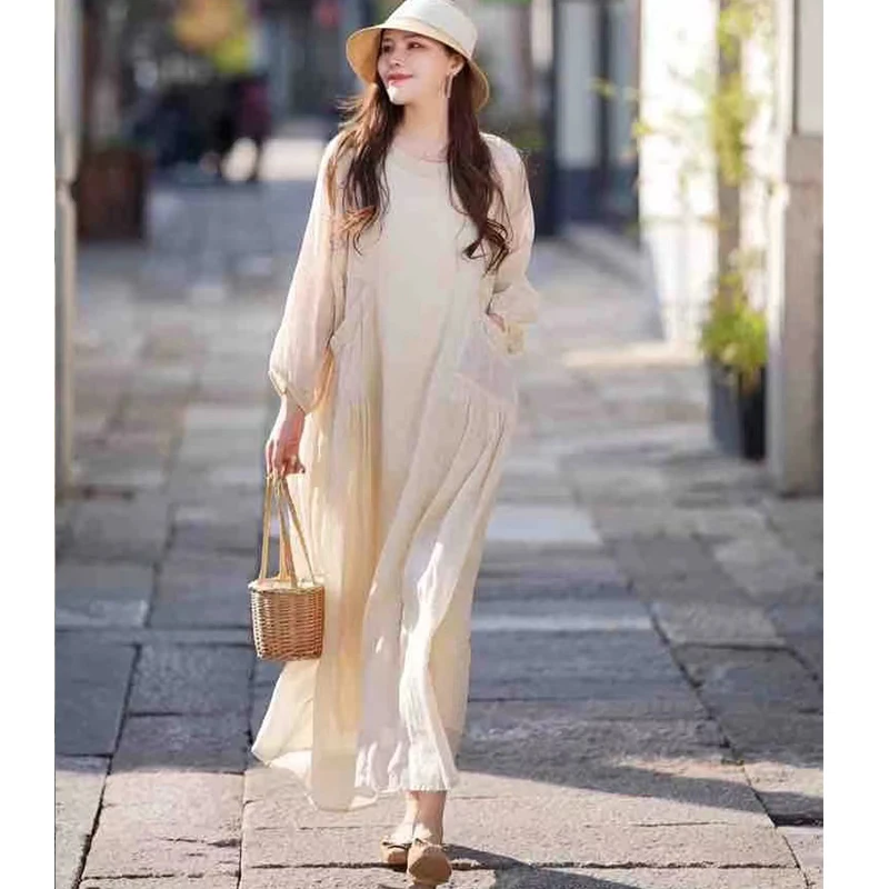 复古苎麻内里包边圆领中长款立体大口袋中长款连衣裙