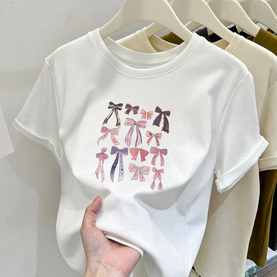 2025新款圆领涂鸦蝴蝶结 印花纯棉短袖T恤女时尚小个子显瘦上衣