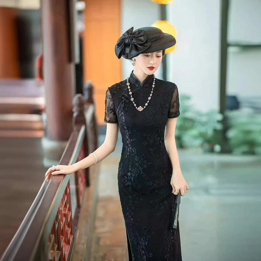改良修身黑色旗袍春季时尚气质修身连衣裙新款宴会晚礼服婚宴走秀
