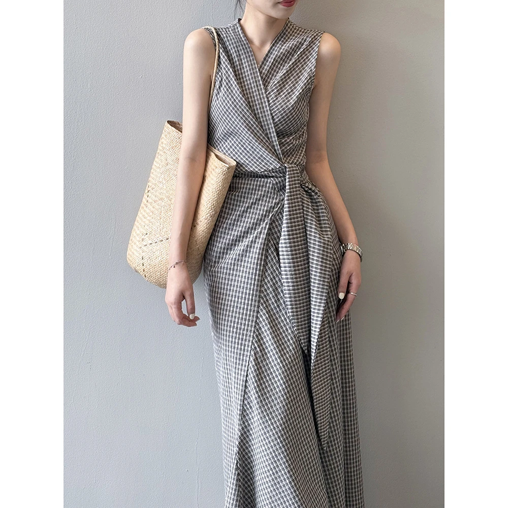 双法式复古领系带格纹背心裙夏季设计感气质通勤连衣裙长裙82329