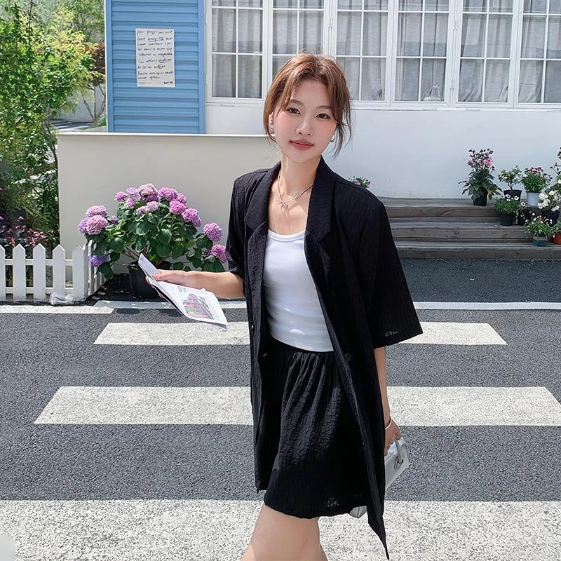 气质爆款黑色短袖西装短裤套装女夏显瘦新款小个子巨好看两件套