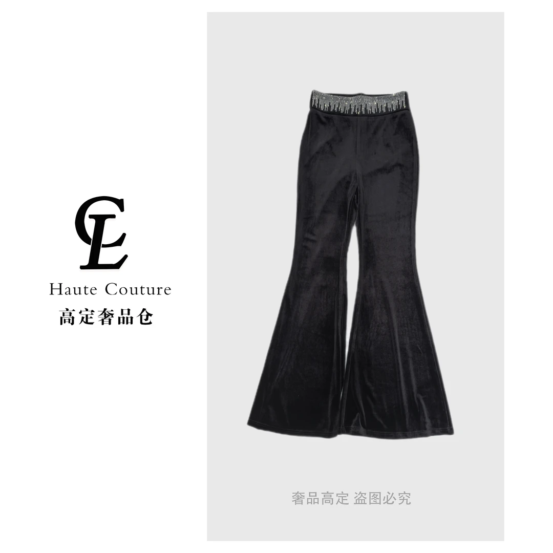 【CL奢品高定】复古摩登黑色丝绒钻饰喇叭裤 K25264K