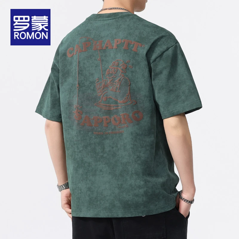 罗蒙美式潮牌男士印花圆领短袖t恤男夏季薄款休闲打底衫上衣男款