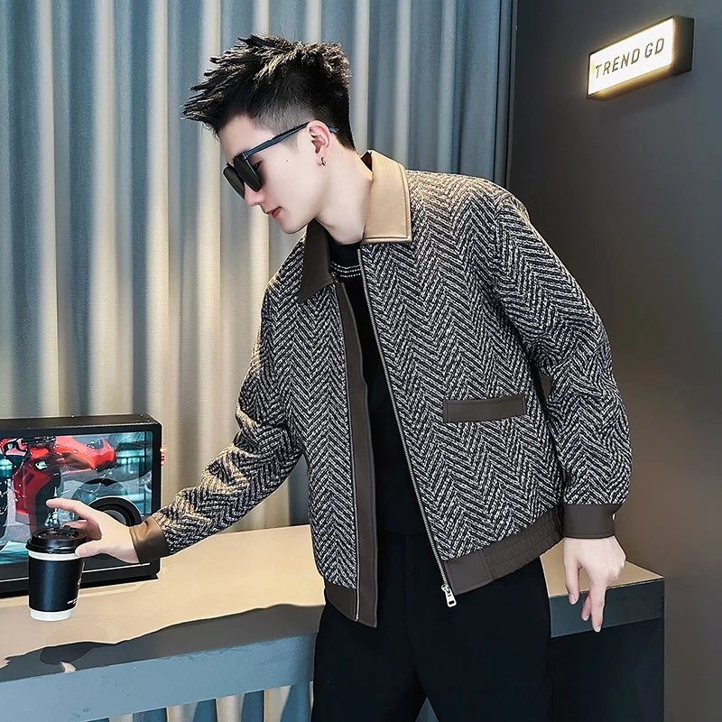 拼接撞色外套男款春秋季潮牌男装翻领夹克2025新款高级感短款上衣