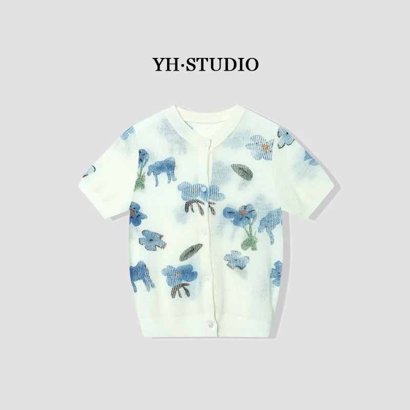 【艺涵】夏季"蓝调风铃"新款薄款圆领长袖花卉针织上衣32667