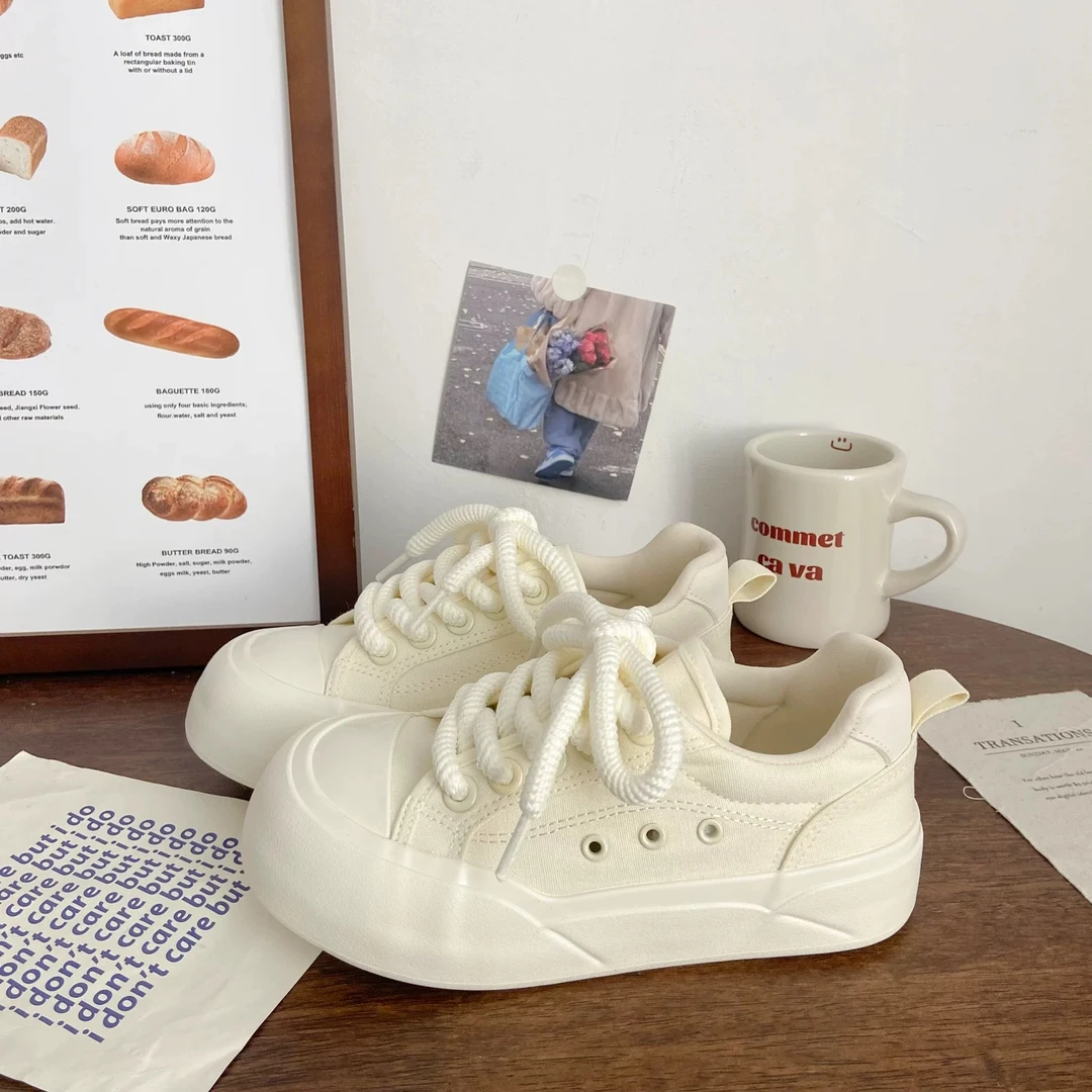 TP326 米色厚底帆布鞋女圆头2025春夏季新款可爱百搭透气休闲板鞋